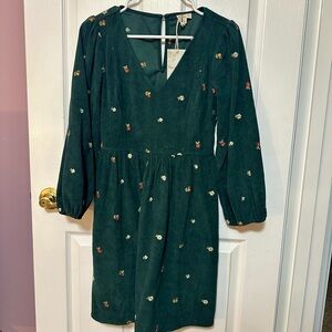 Hem & Thread New With Tags Small V Neck Dark Green Corduroy Dress With Florals